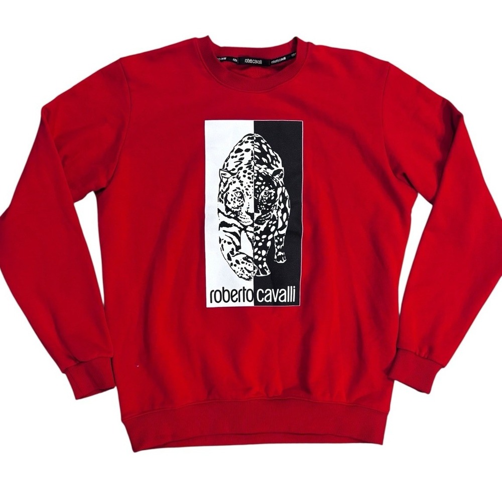 Roberto Cavalli‎ Sweatshirt Mens XL Red Leopard Long Sleeve Crewneck EUC